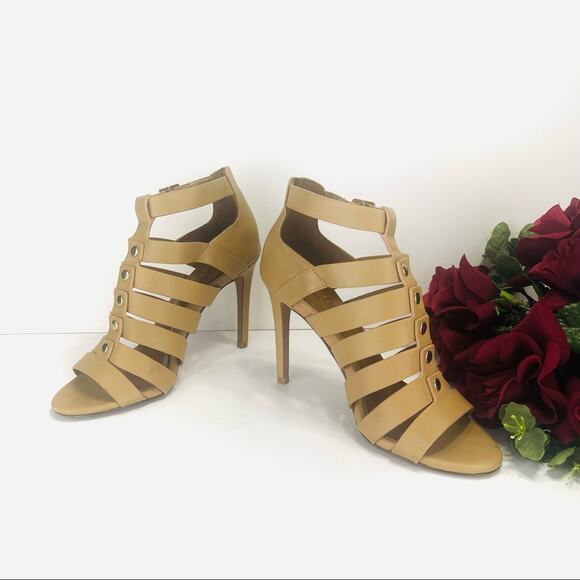 Aldo Strappy Stiletto Sandals/Booties Size 7.5 Tan Leather Open Toe High Heels - Picture 14 of 16